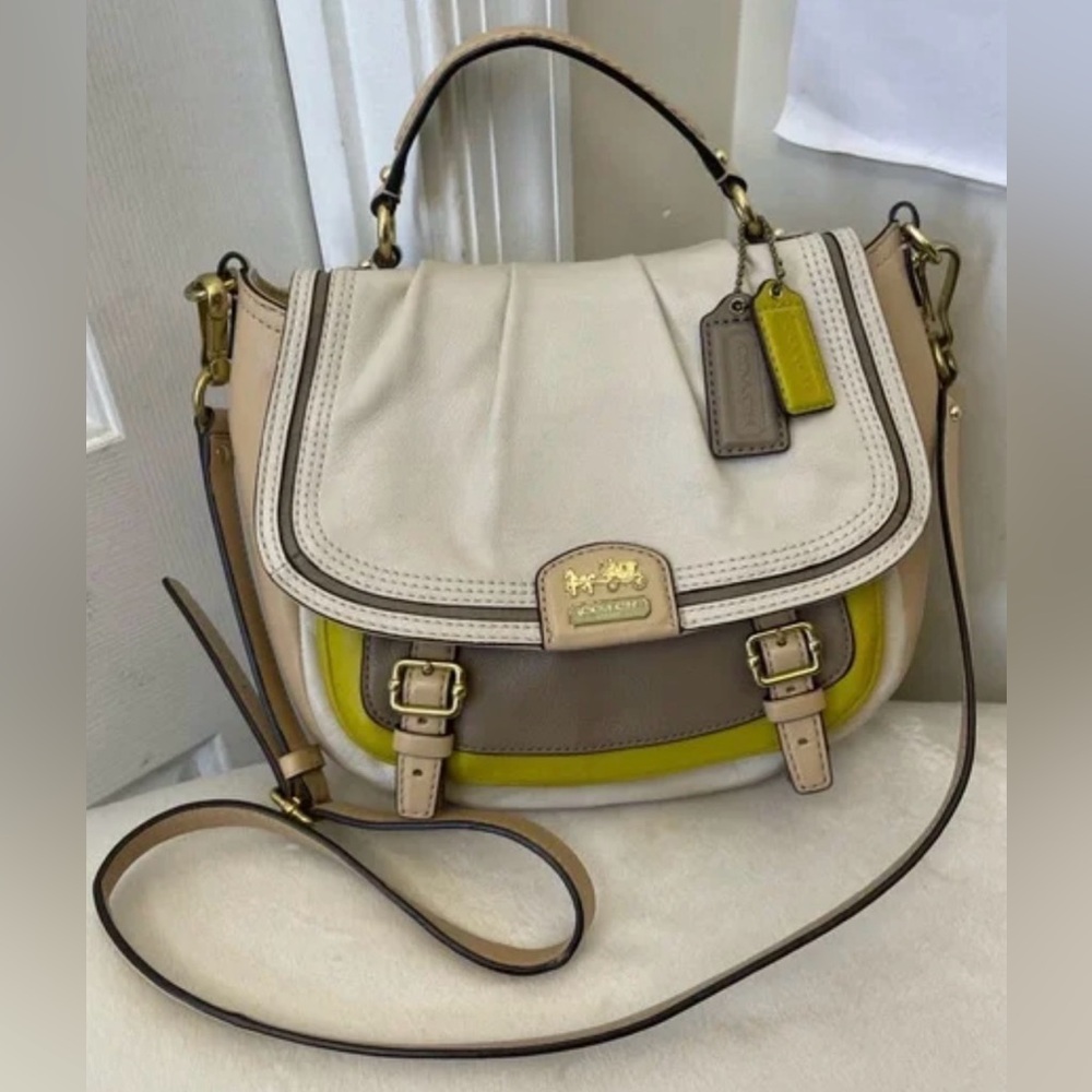 Coach Multicolor Leather Crossbody Satchel - Cream, Brown, Yellow